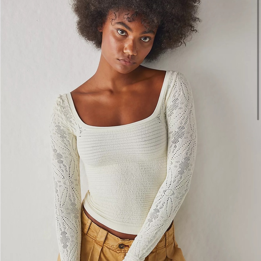 Free People Cream Ribbed Long Sleeve Bodysuit